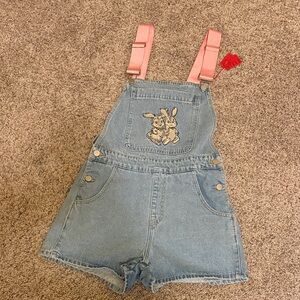 Cider Light Blue Denim Shortalls with Pink Bunny Embroidery